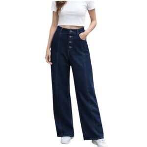 Halara Wide Leg Jeans Women’s High-Waisted Dark Wash Button Denim Pants Large 32